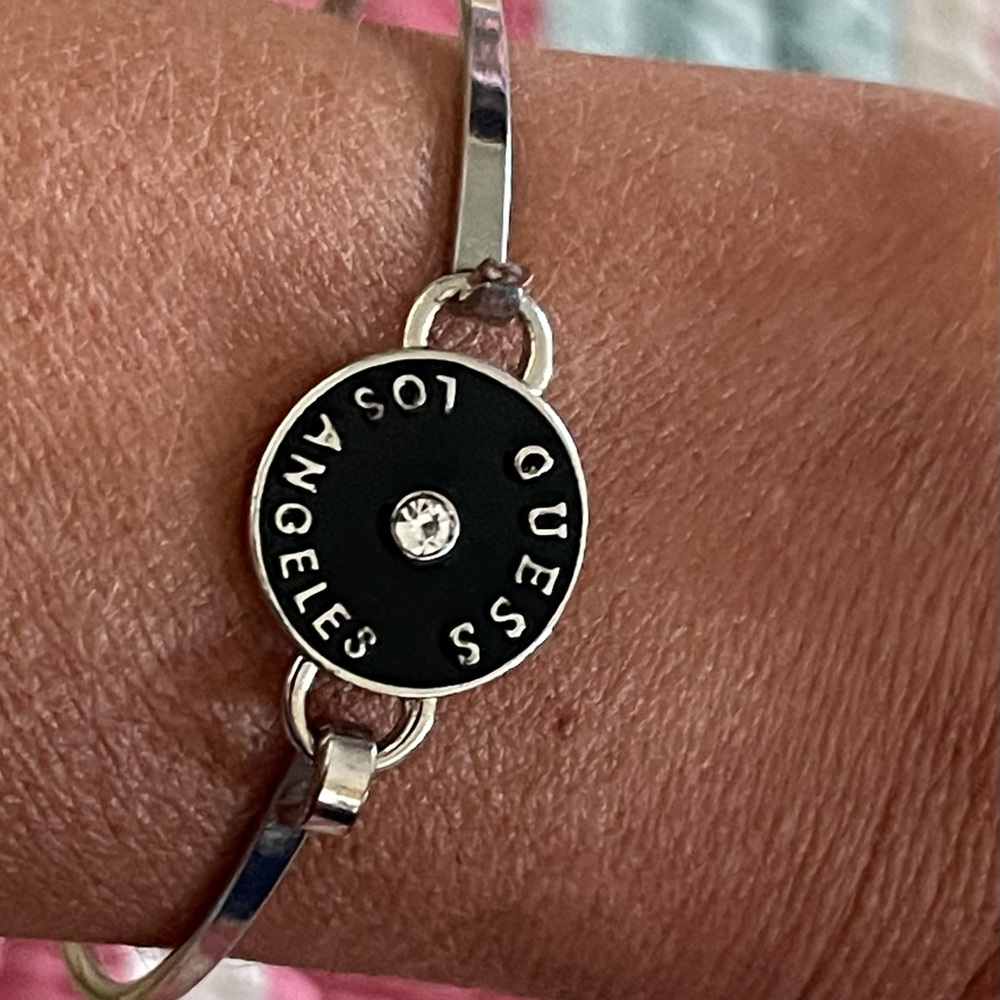 Guess Los Angeles Enamel Logo Silver Tone Bangle